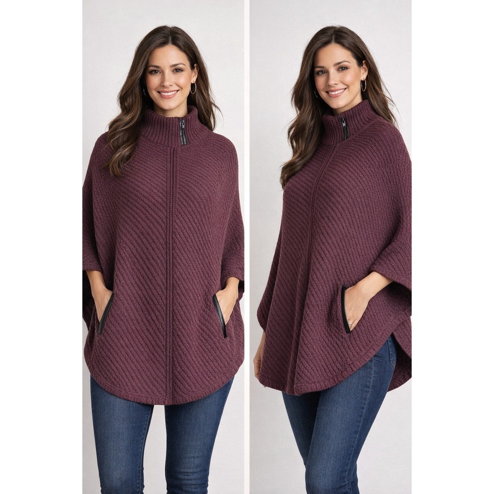 New York & Company‎ Womens Poncho XL Burgundy Knit Zip Cape Cozy Chic